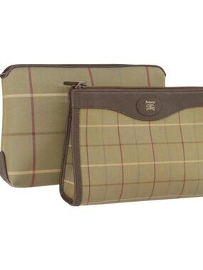 Burberrys Nova Check Clutch Bag Canvas Leather 2 Set Beige Auth